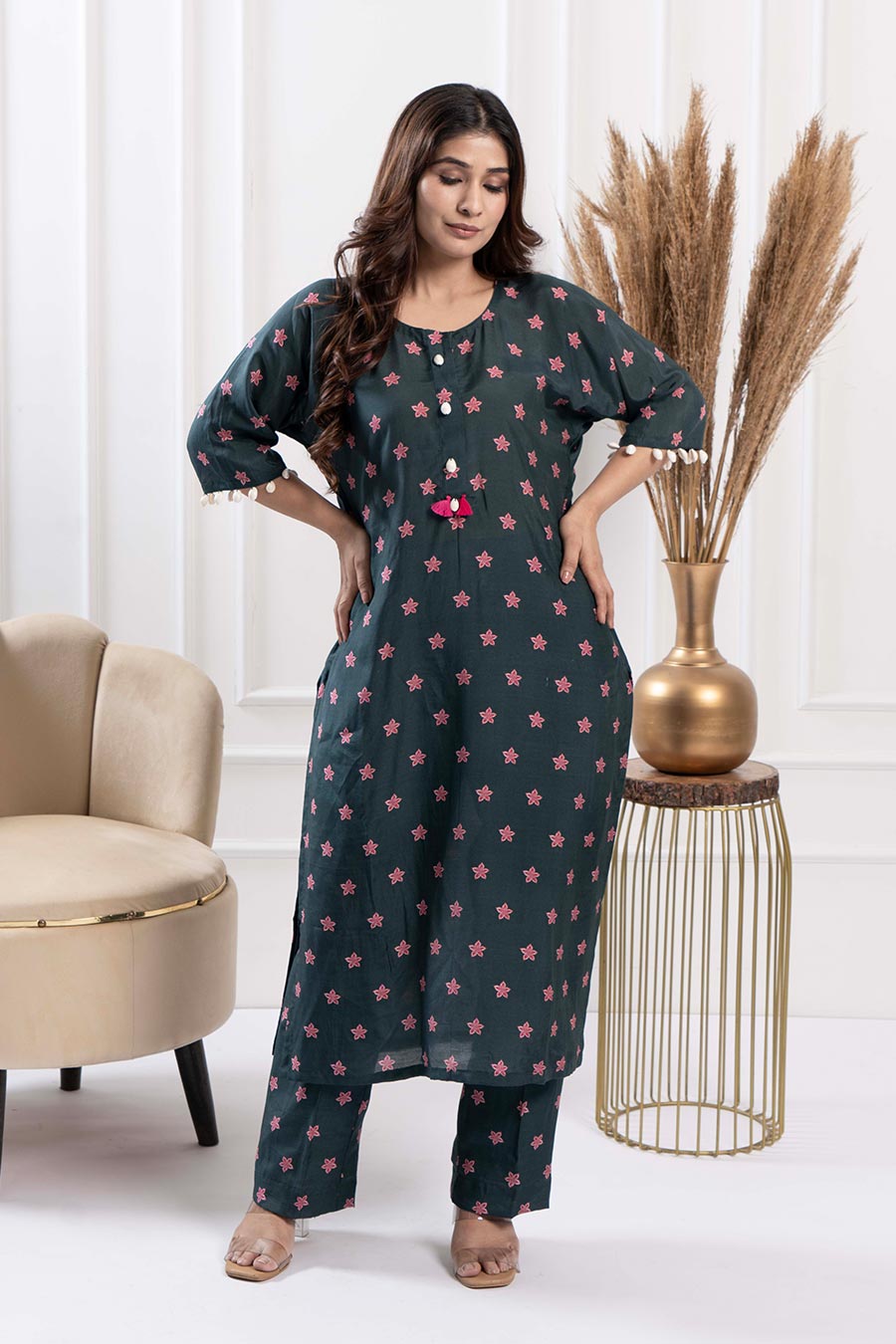 Black Printed Shell Embellished Kurta & Pant Set
