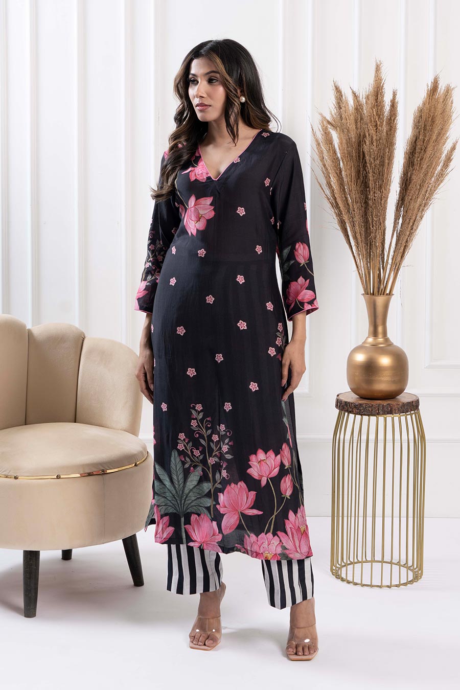 Black Printed Straight Kurta & Pant Set