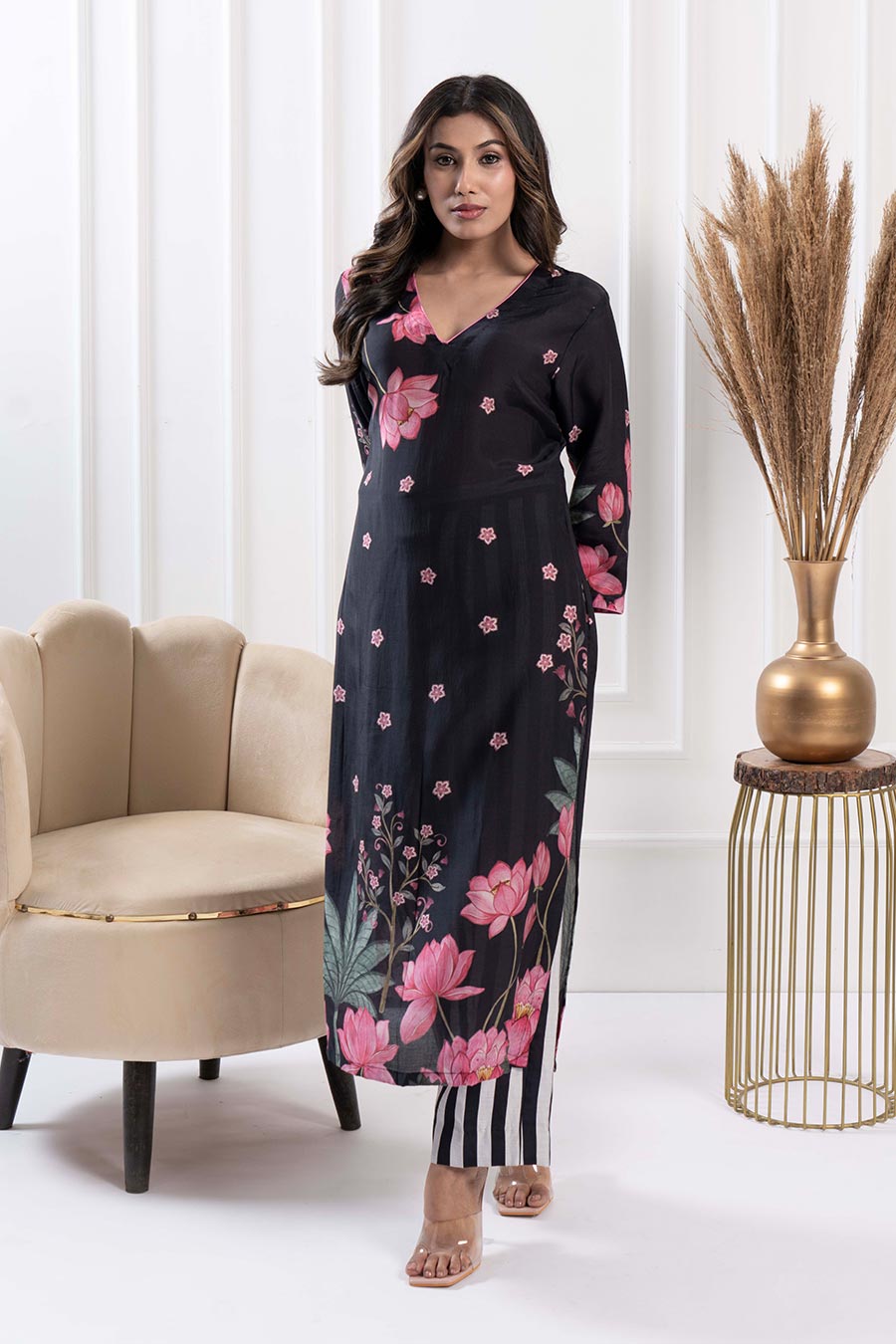 Black Printed Straight Kurta & Pant Set