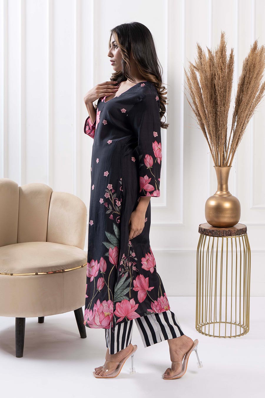 Black Printed Straight Kurta & Pant Set