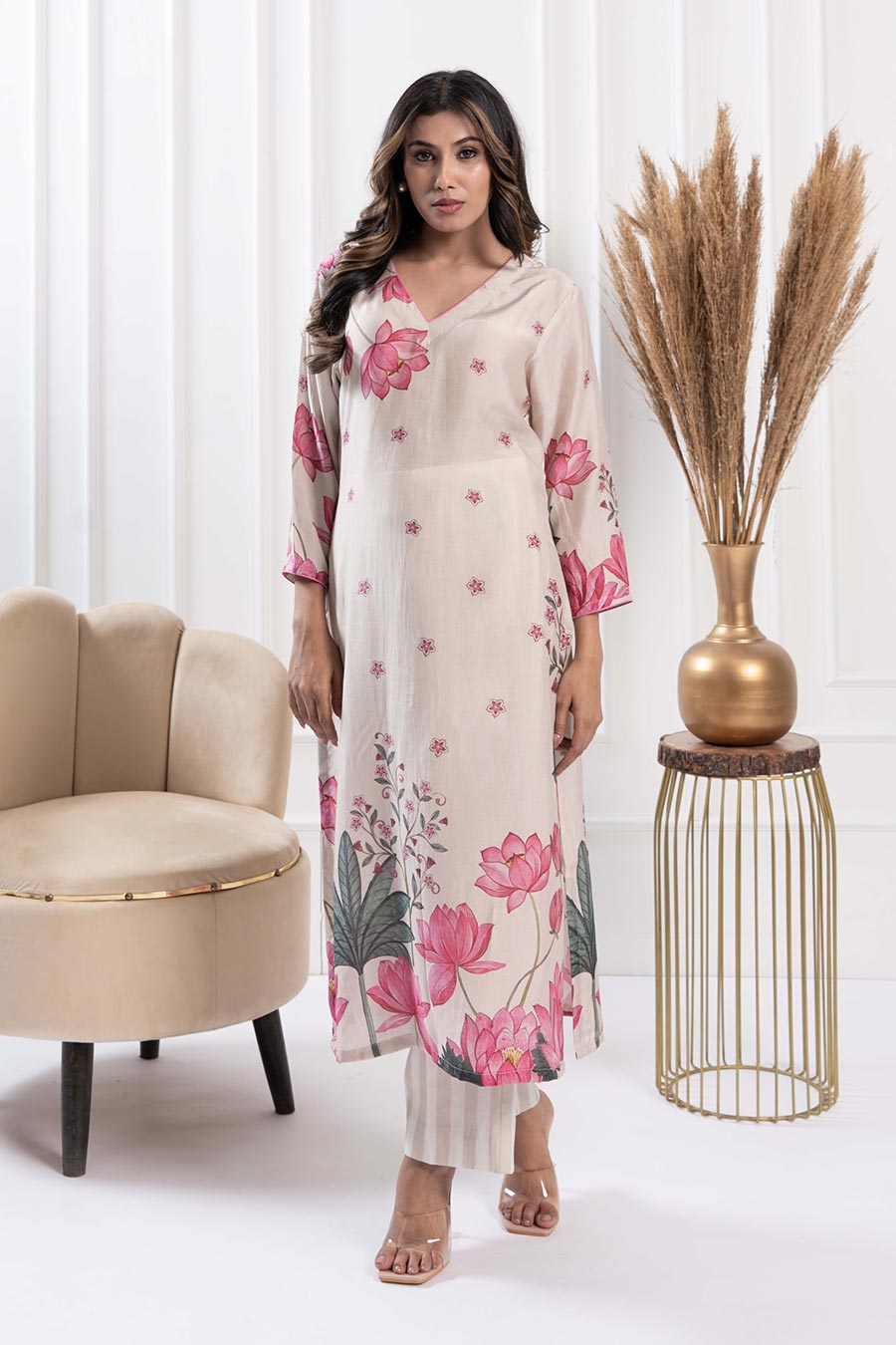 Ivory Printed Straight Kurta & Pant Set