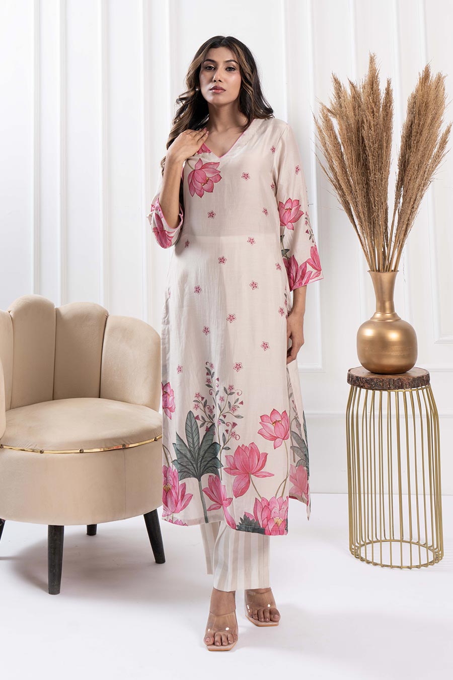 Ivory Printed Straight Kurta & Pant Set
