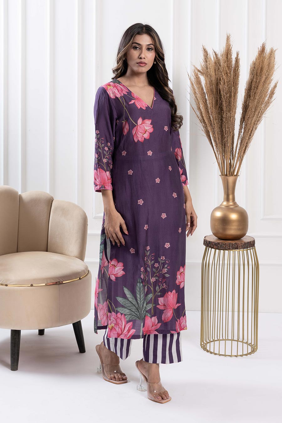 Purple Printed Straight Kurta & Pant Set