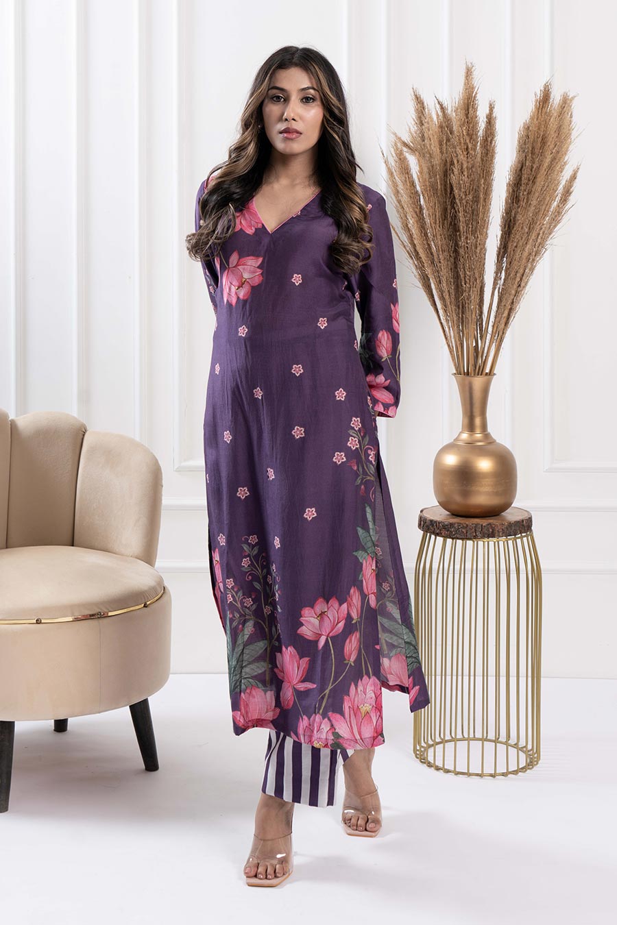 Purple Printed Straight Kurta & Pant Set