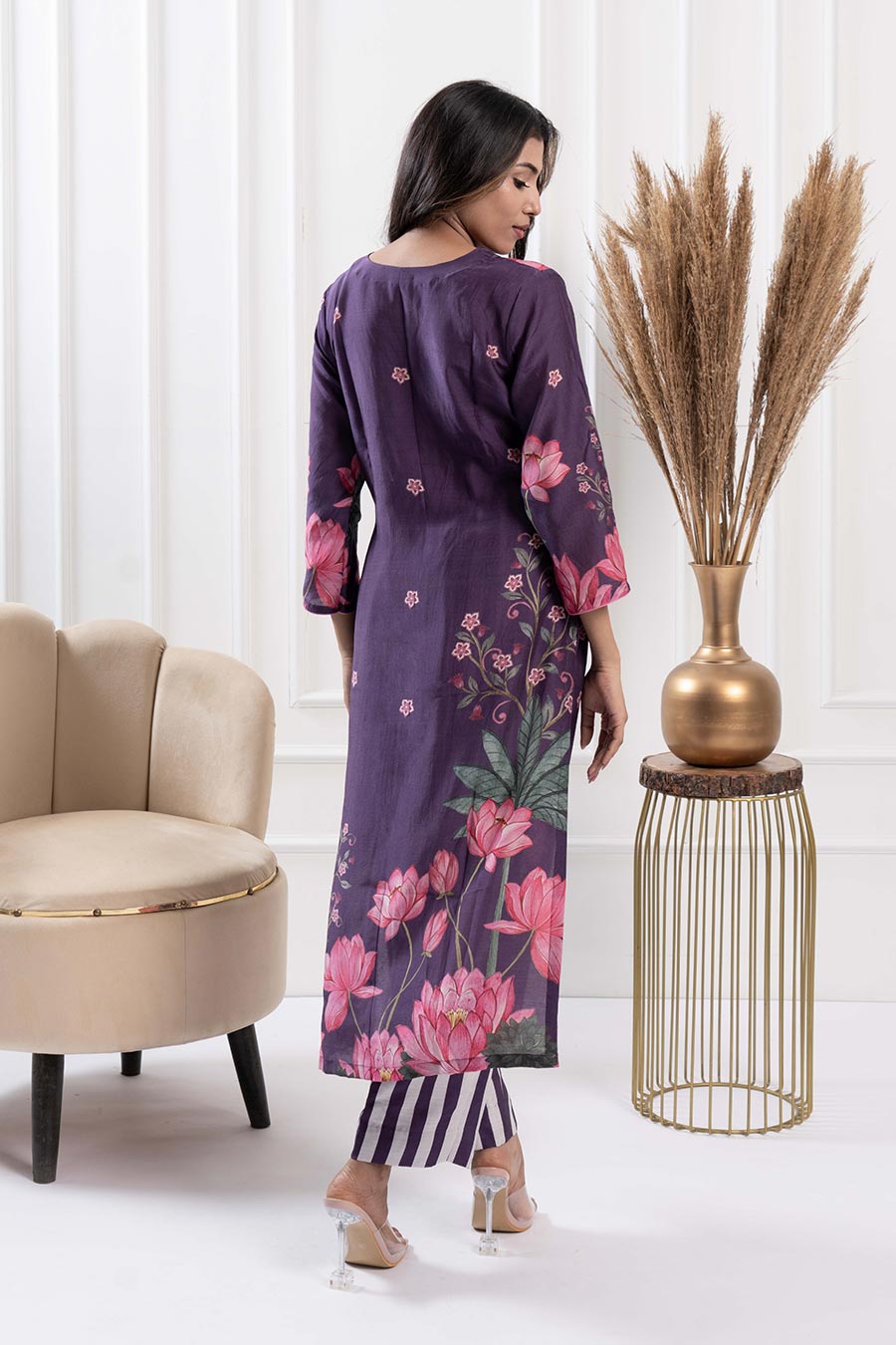 Purple Printed Straight Kurta & Pant Set