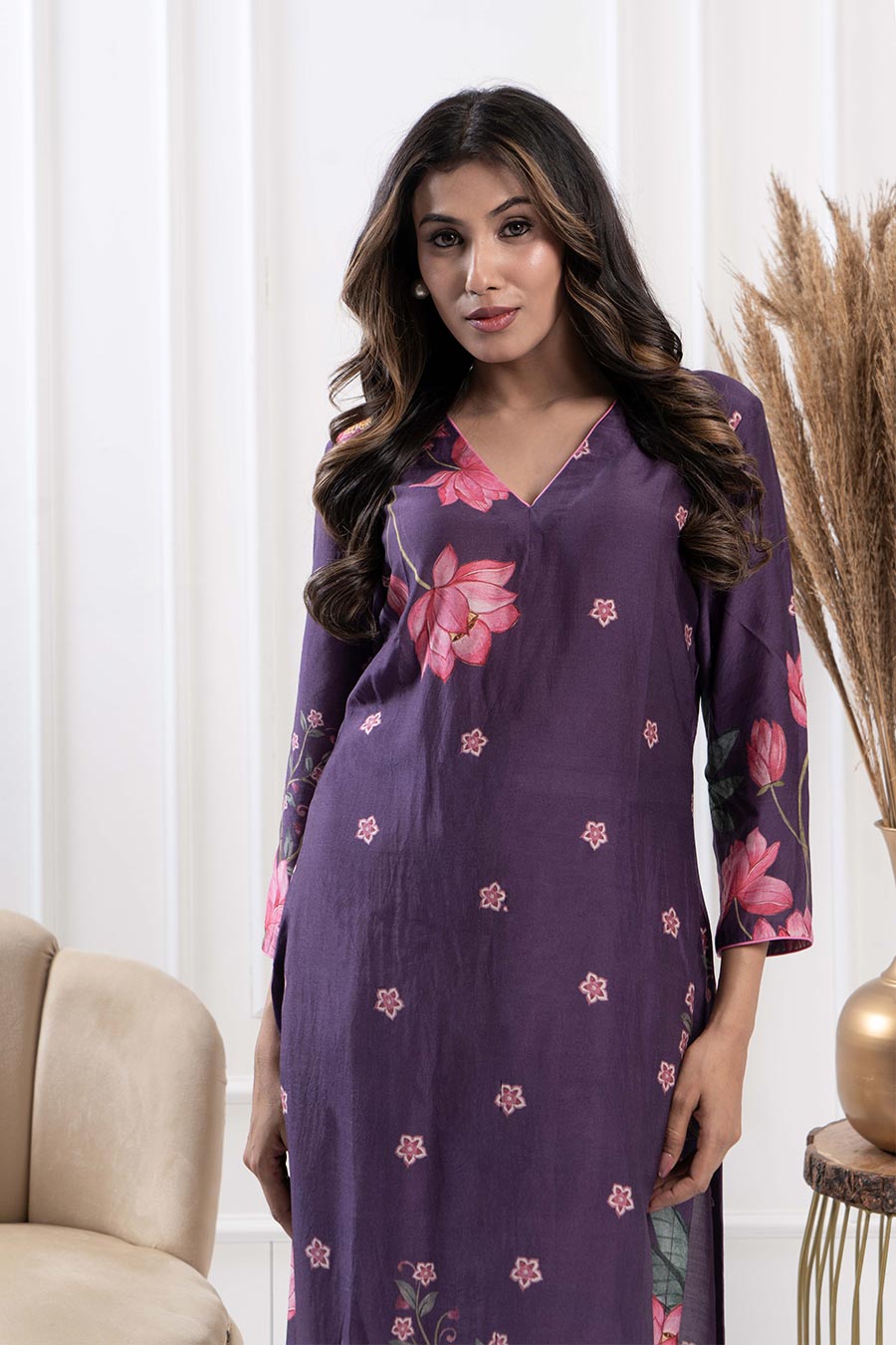 Purple Printed Straight Kurta & Pant Set