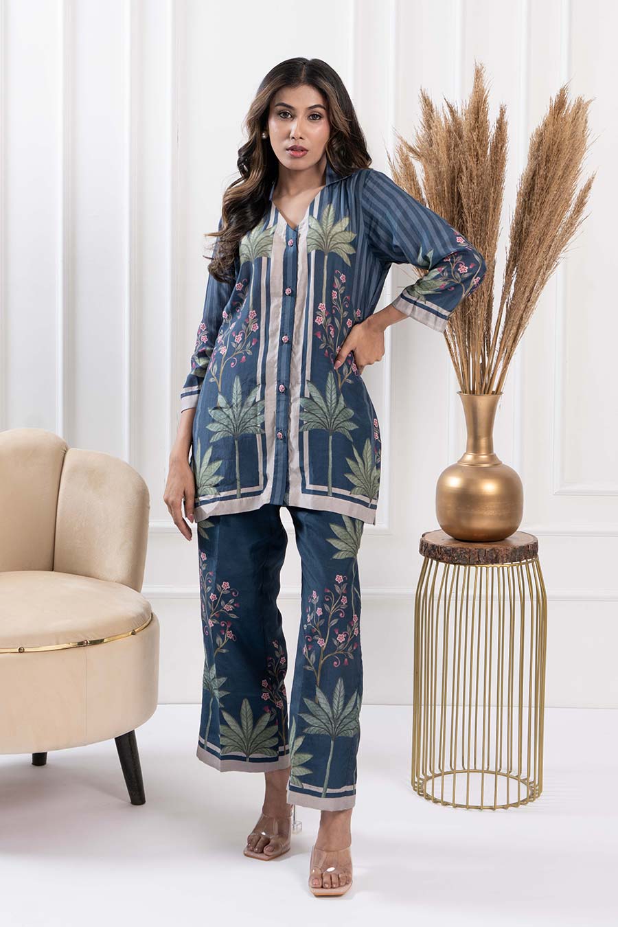 Teal Blue Floral Print Co-Ord Set