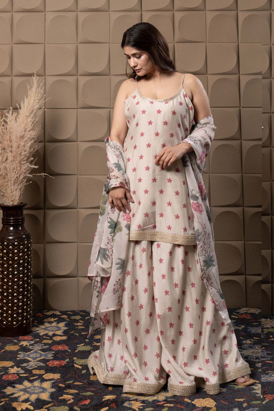 Ivory Printed & Embellished Gharara Set