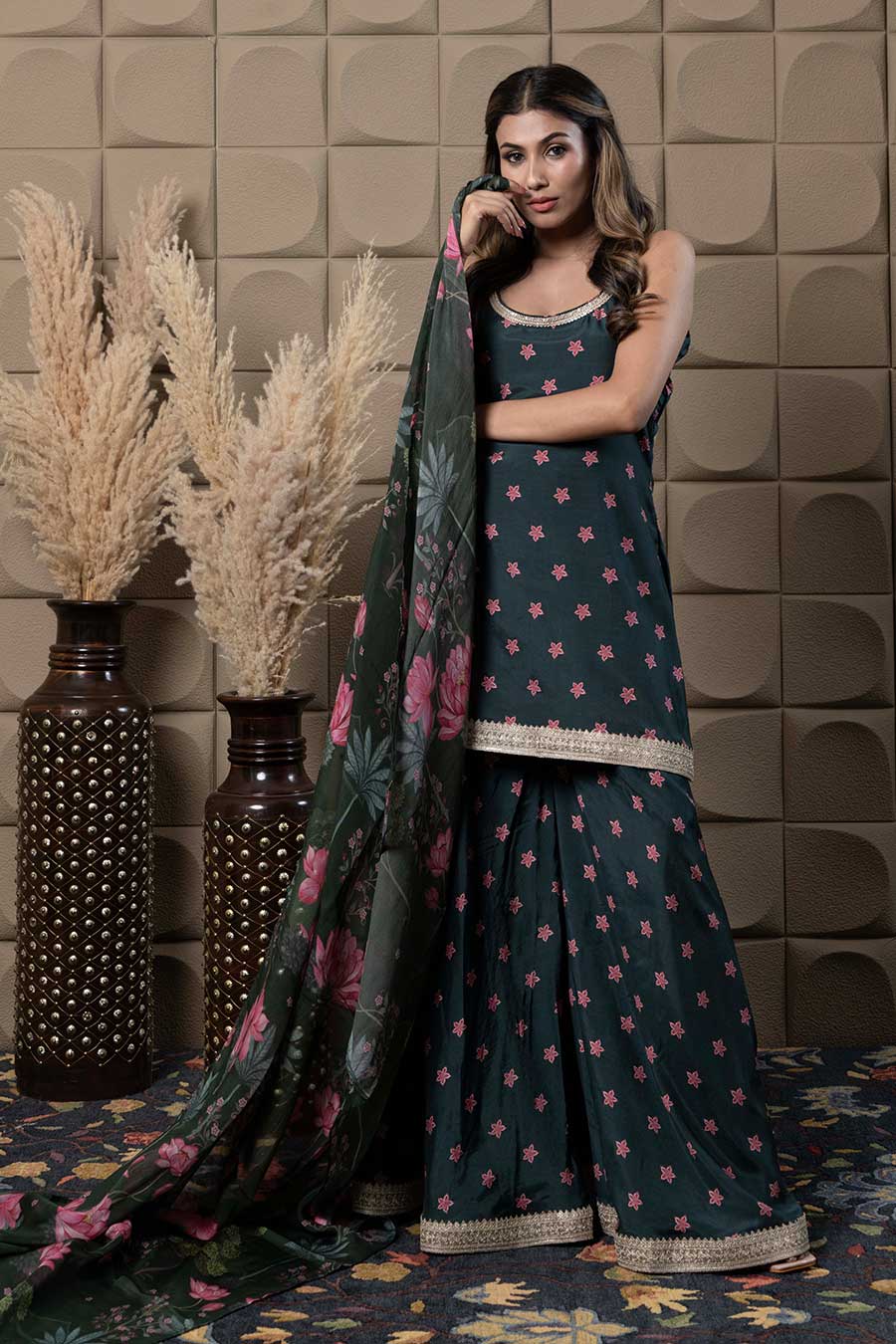 Black Printed & Embellished Gharara Set