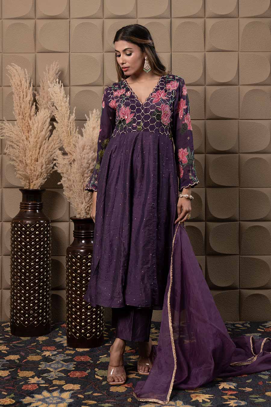 Purple Chanderi Embroidered Anarkali Set