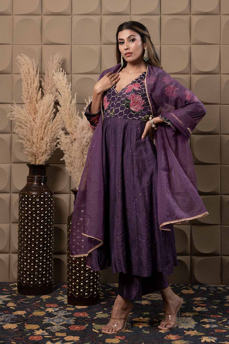 Purple Chanderi Embroidered Anarkali Set