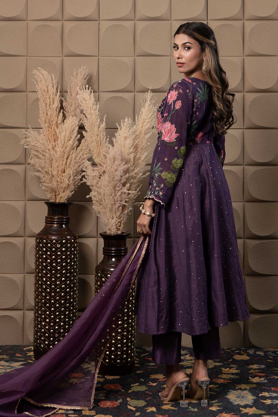 Purple Chanderi Embroidered Anarkali Set