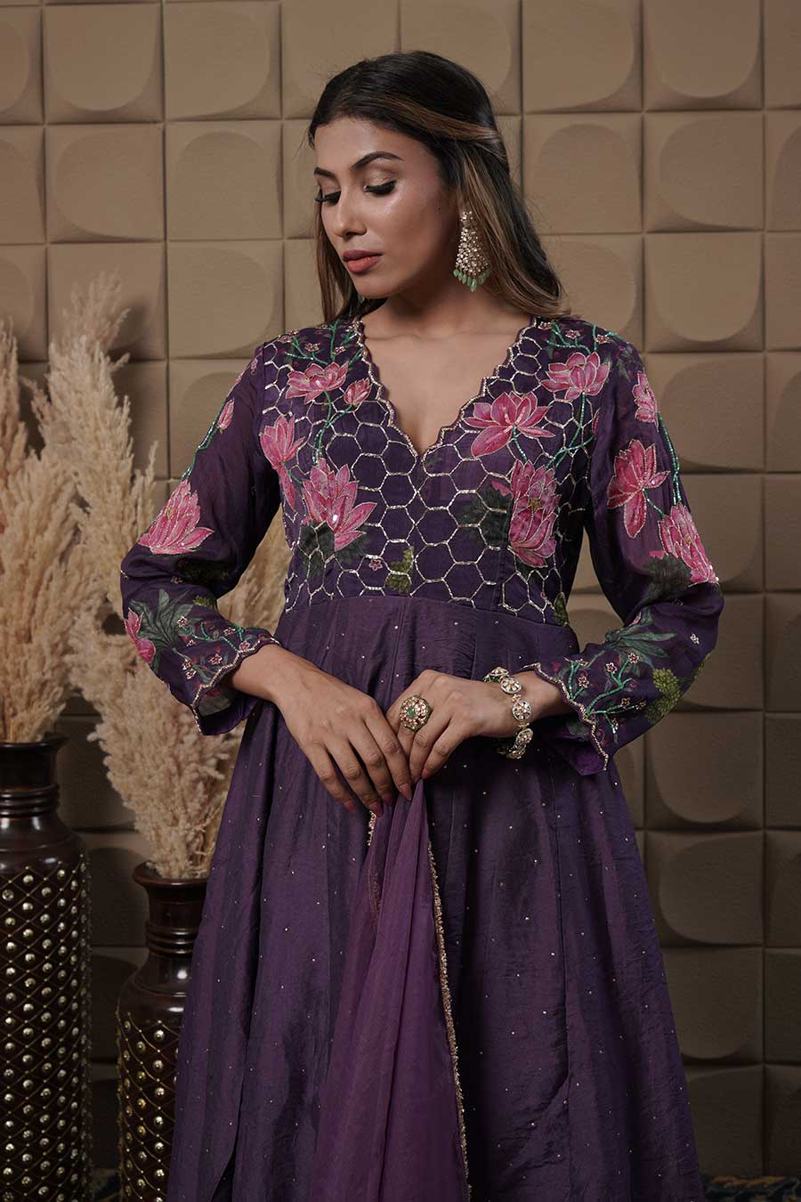 Purple Chanderi Embroidered Anarkali Set