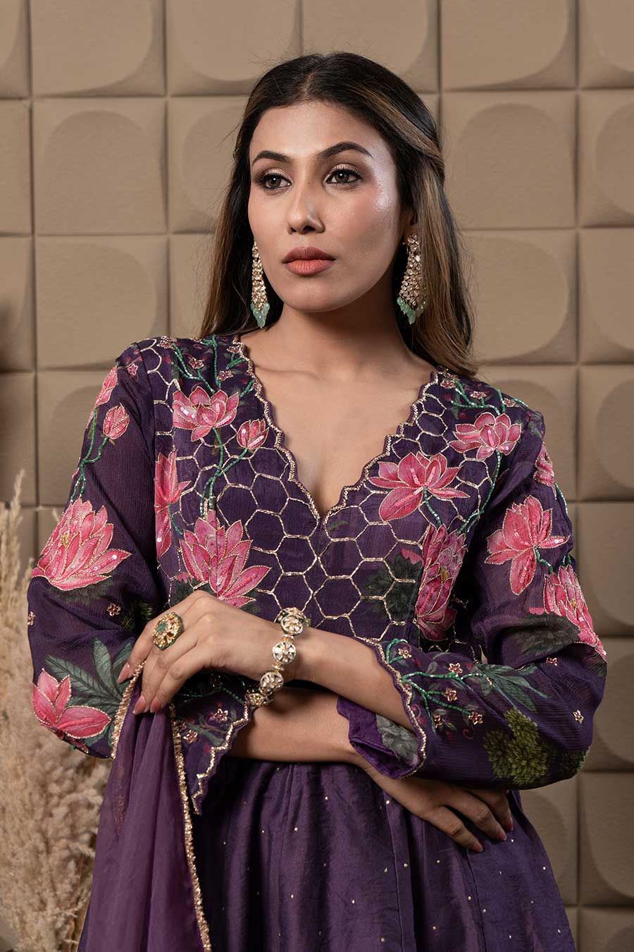Purple Chanderi Embroidered Anarkali Set
