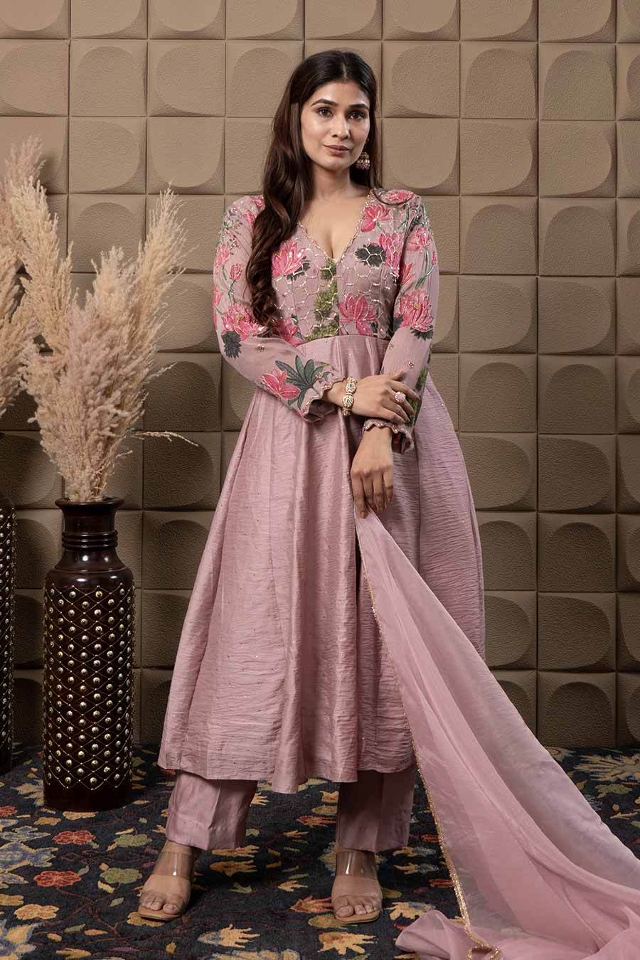 Ivory Chanderi Embroidered Anarkali Set