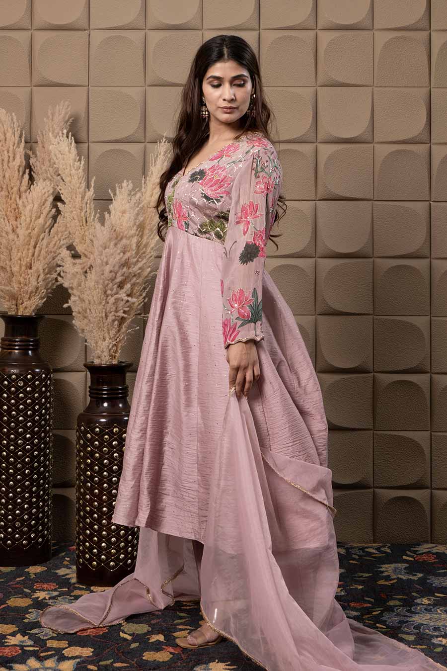 Ivory Chanderi Embroidered Anarkali Set