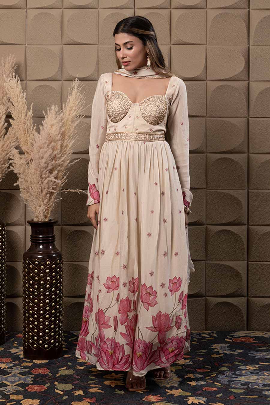 Ivory Chiffon Embroidered Corset Anarkali Set