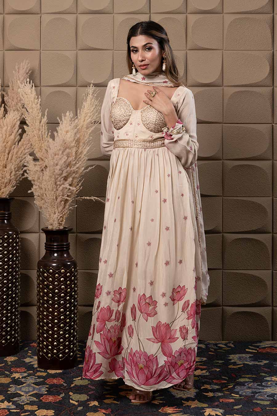Ivory Chiffon Embroidered Corset Anarkali Set