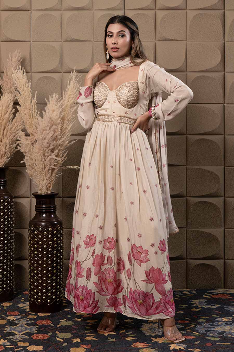 Ivory Chiffon Embroidered Corset Anarkali Set
