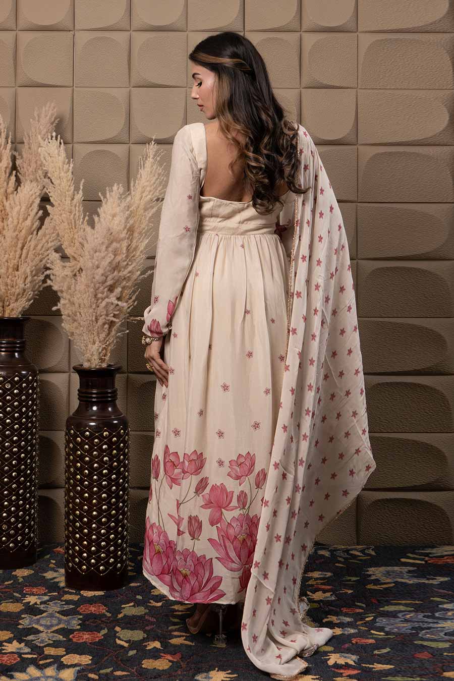 Ivory Chiffon Embroidered Corset Anarkali Set
