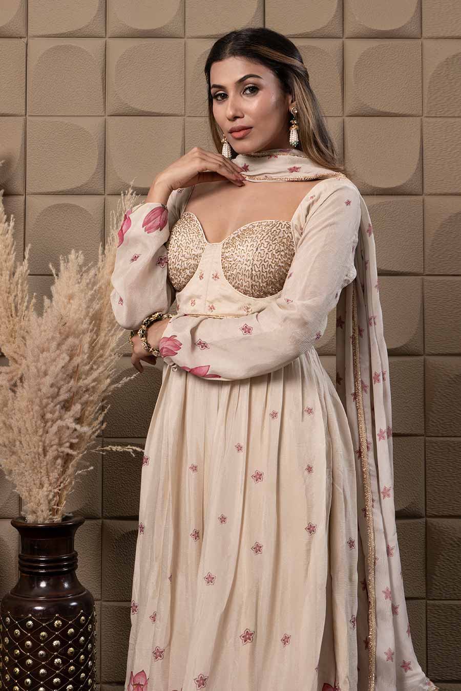 Ivory Chiffon Embroidered Corset Anarkali Set