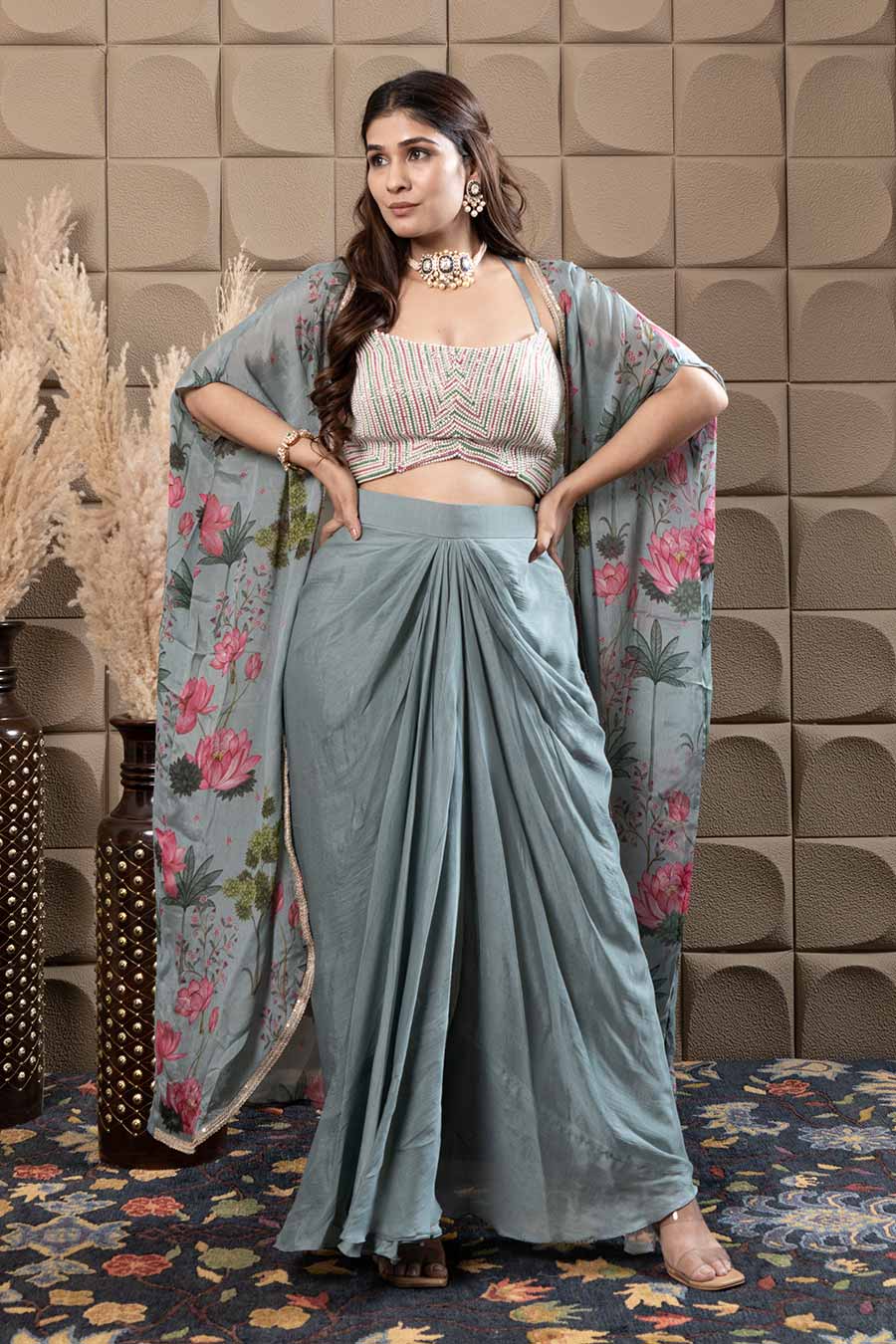 Aqua Chiffon Embroidered Bustier & Skirt Set With Cape