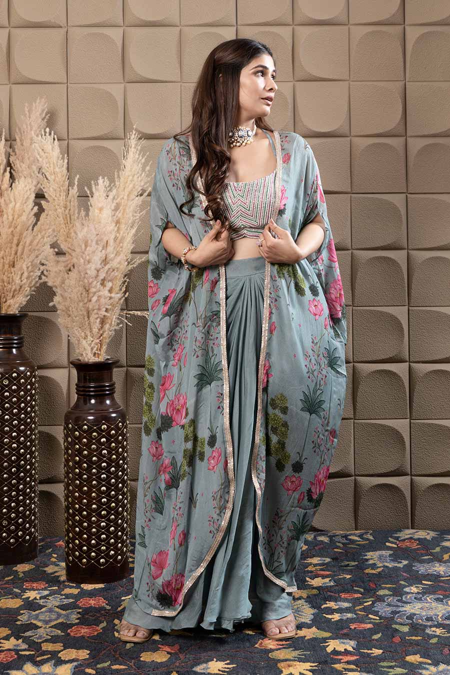 Aqua Chiffon Embroidered Bustier & Skirt Set With Cape