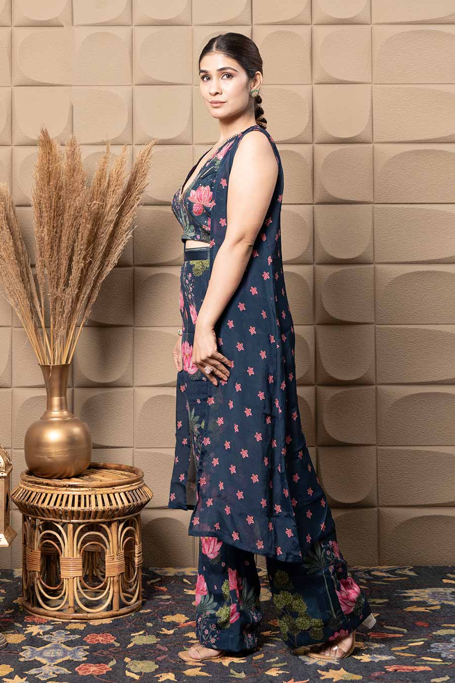 Navy Blue Embroidered Co-Ord Set With Cape