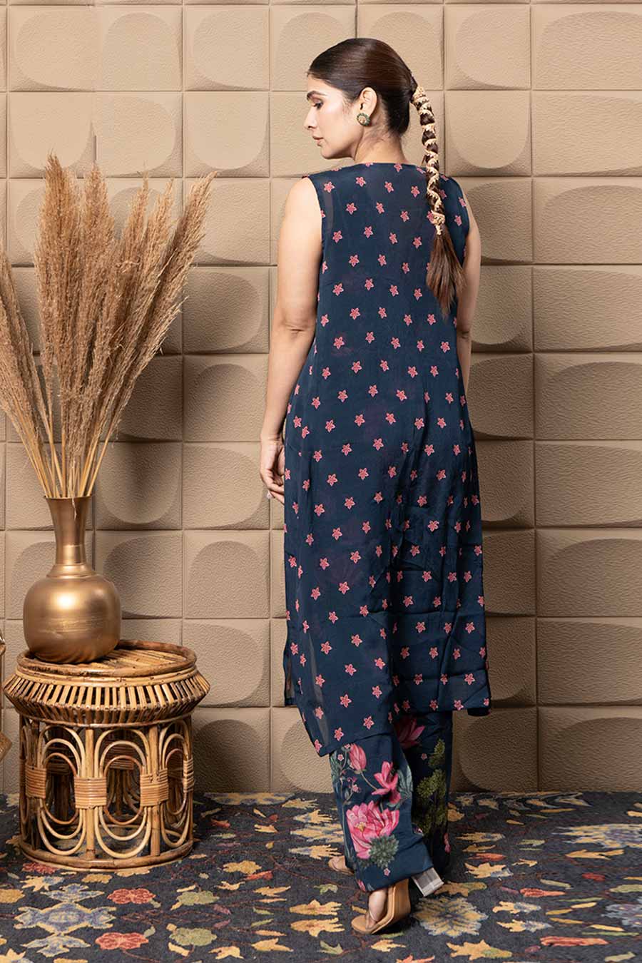 Navy Blue Embroidered Co-Ord Set With Cape