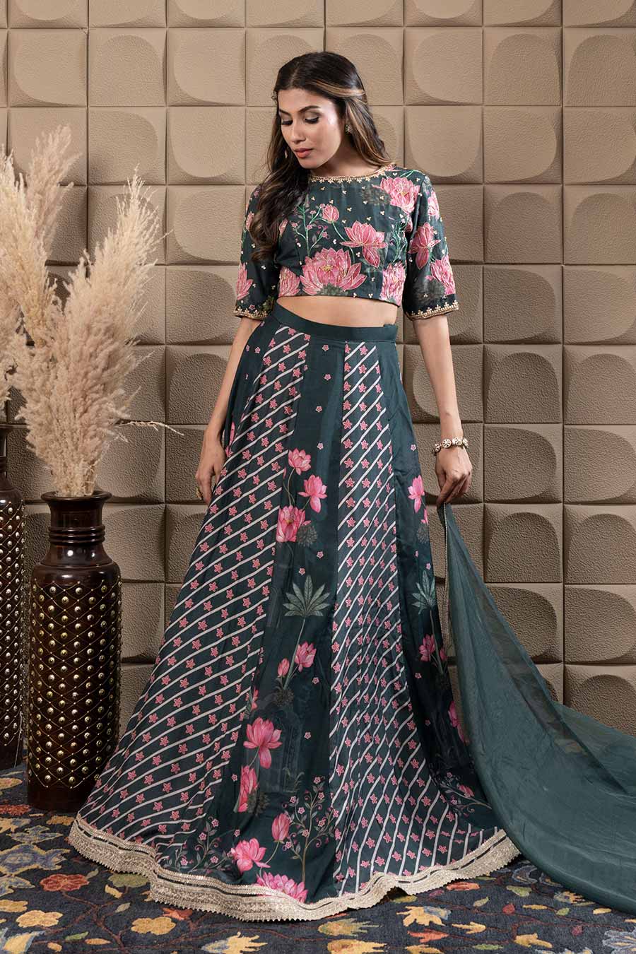 Green Embroidered Kali Lehenga Set