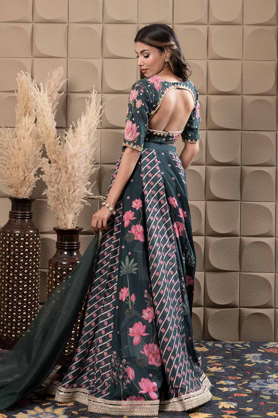 Green Embroidered Kali Lehenga Set