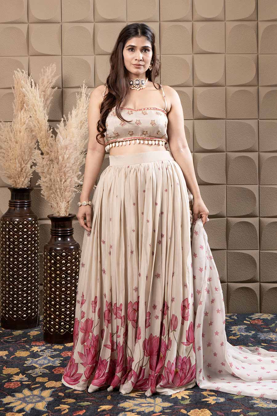 Ivory Embroidered Gathered Lehenga Set