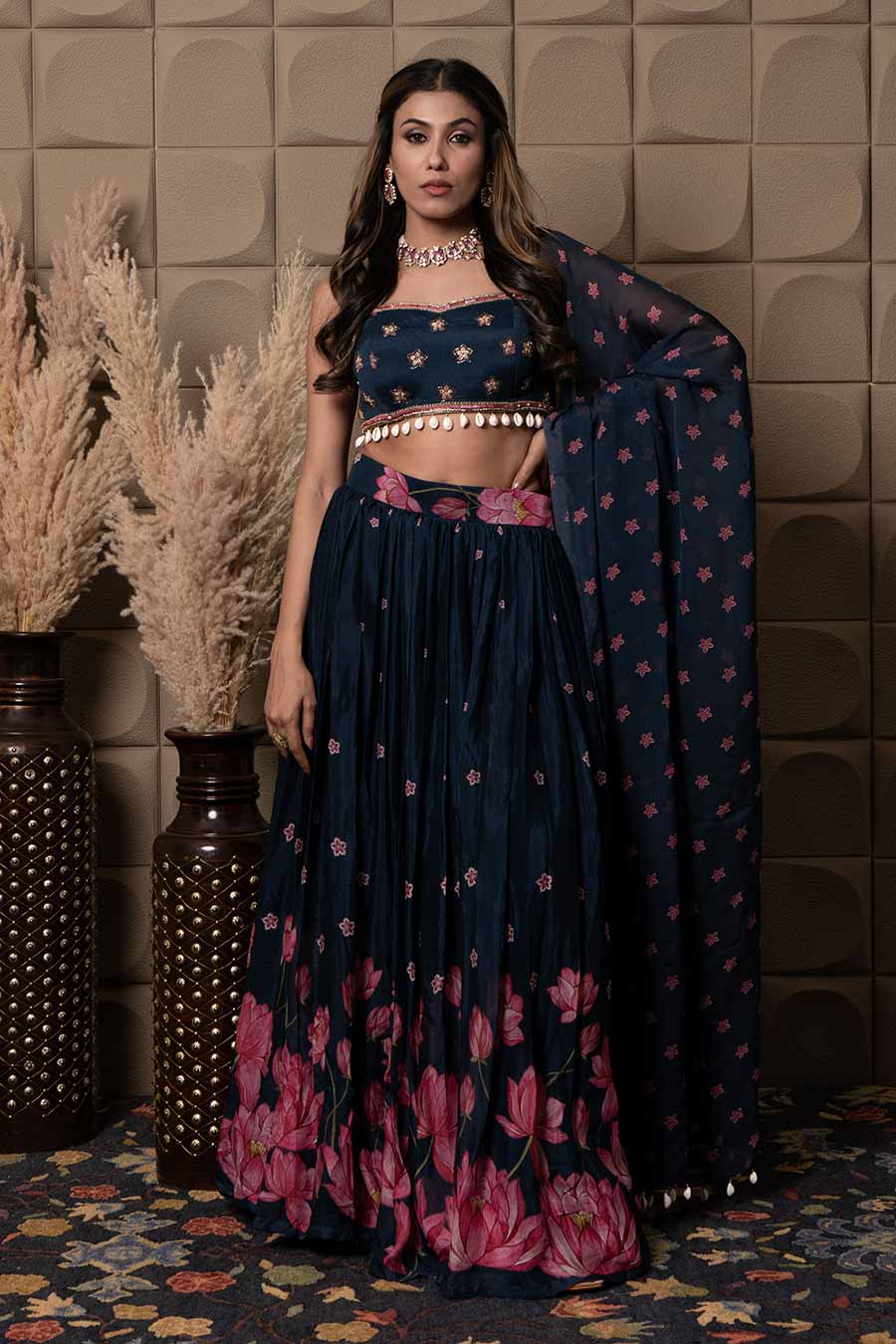 Navy Blue Embroidered Gathered Lehenga Set