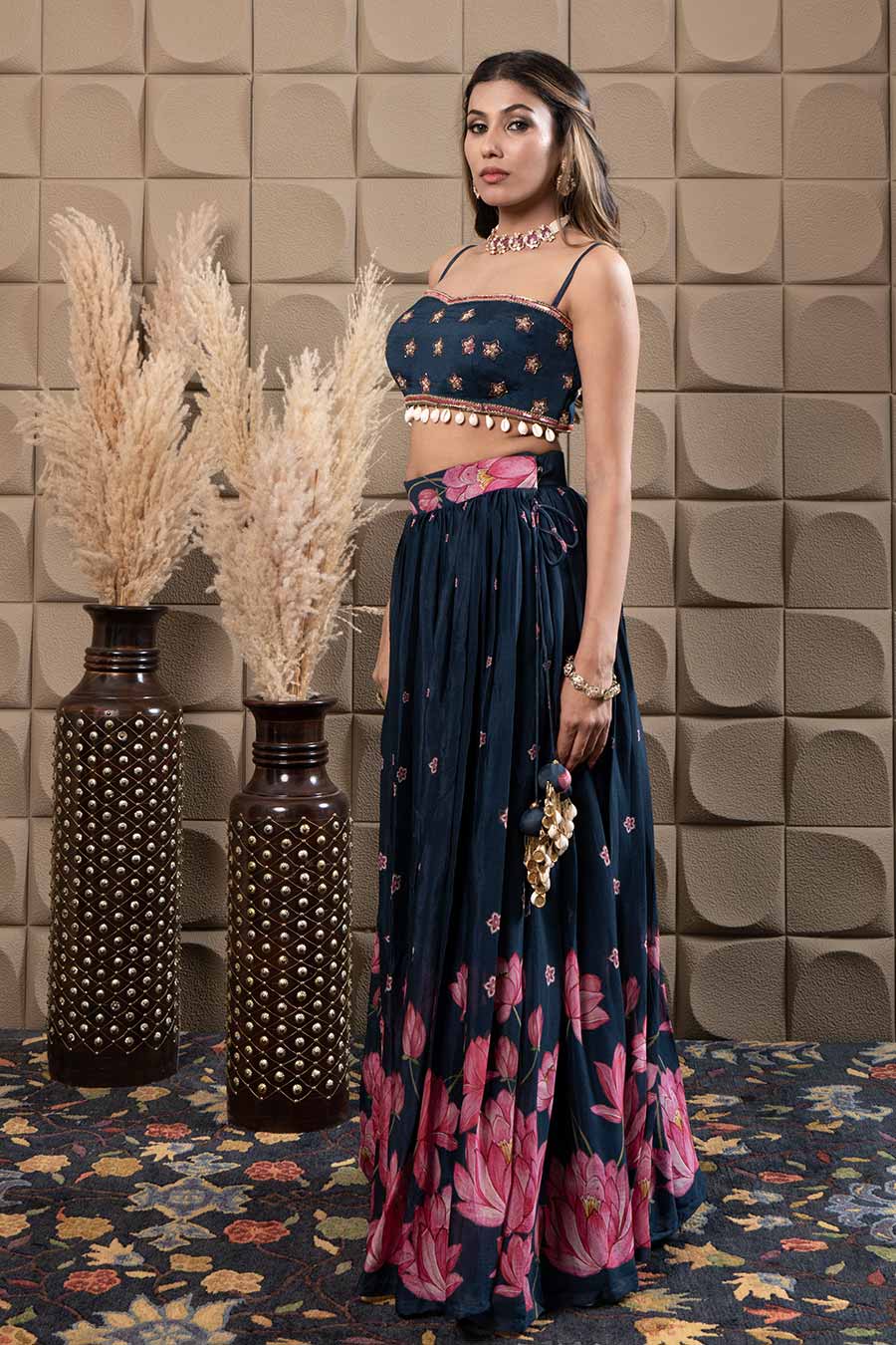 Navy Blue Embroidered Gathered Lehenga Set