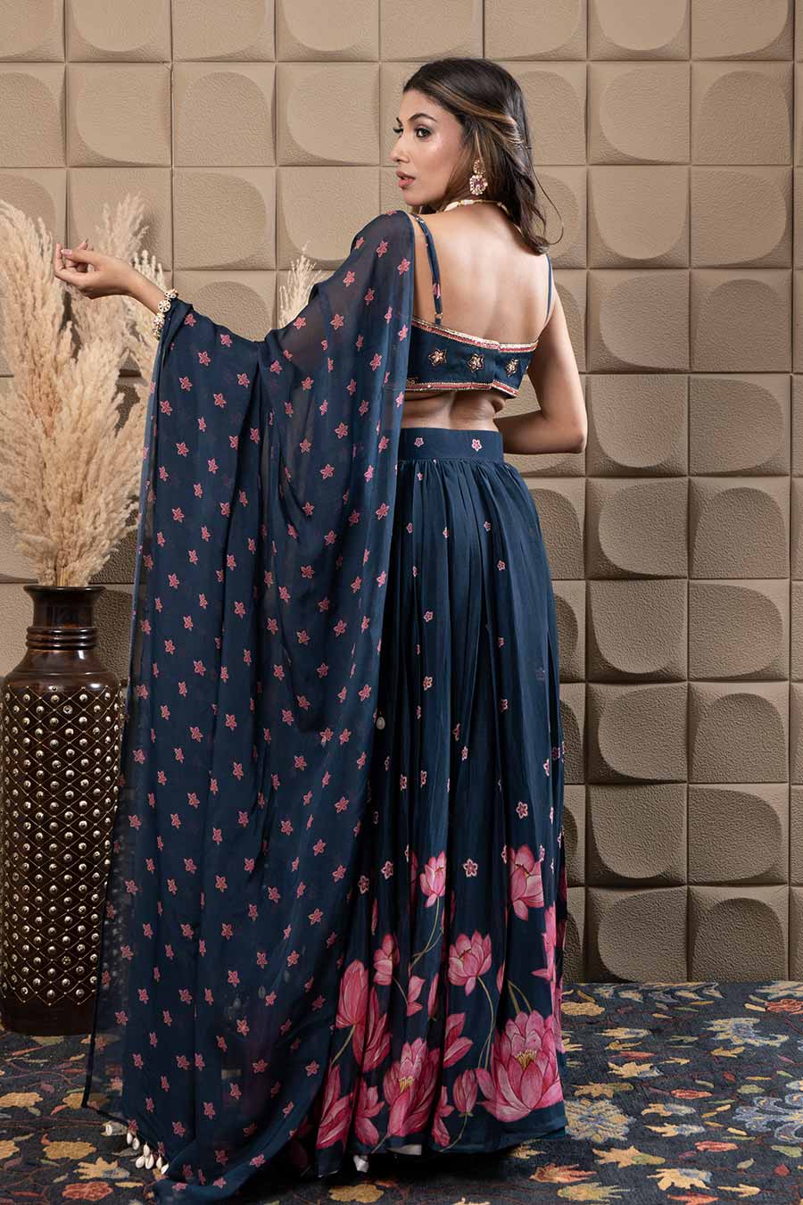 Navy Blue Embroidered Gathered Lehenga Set