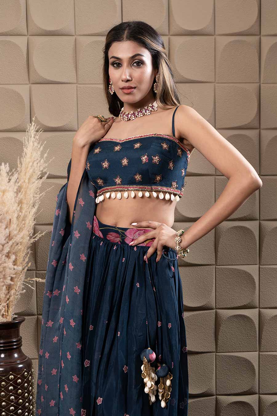 Navy Blue Embroidered Gathered Lehenga Set
