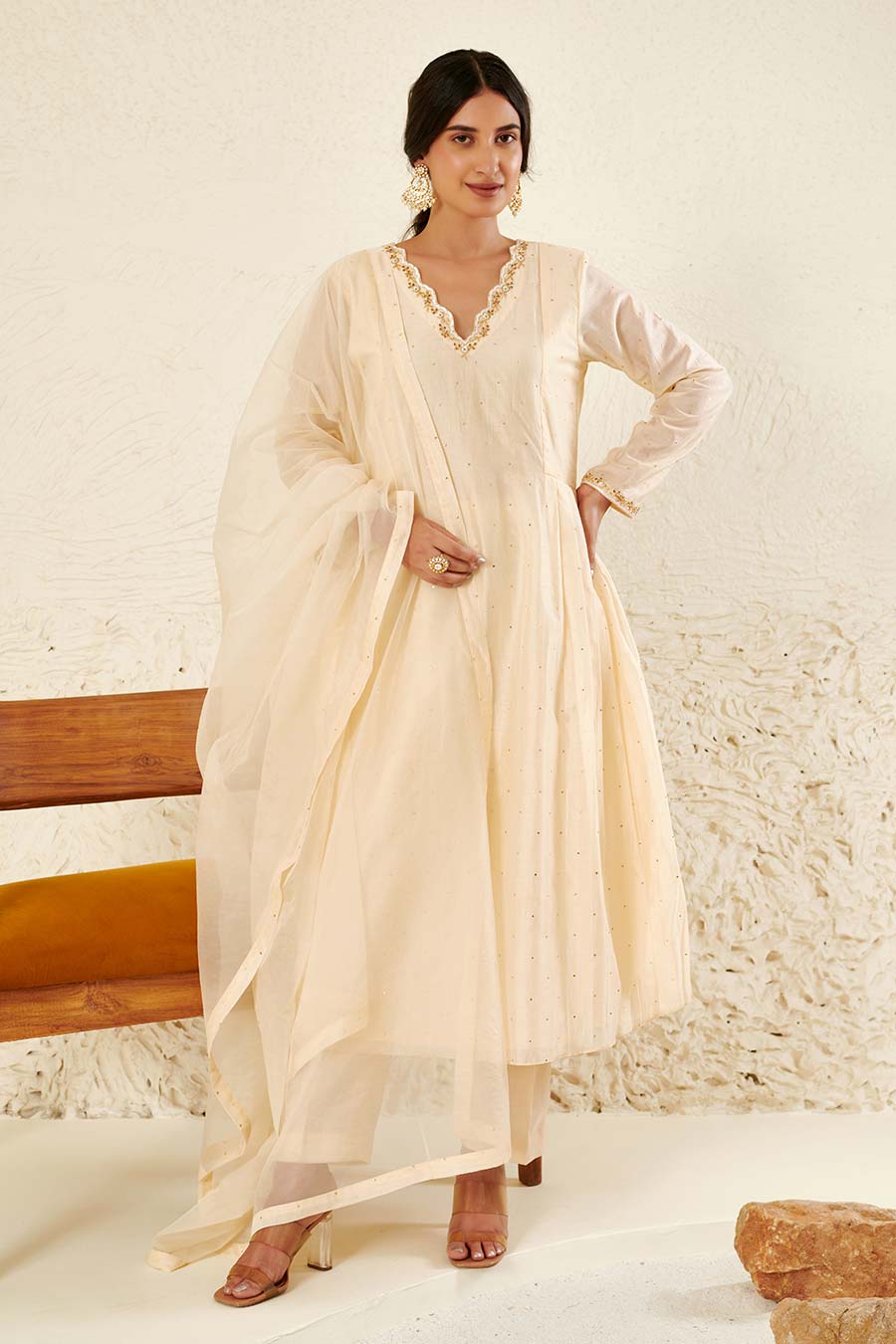 Ivory Embroidered Pleated Kurta Set