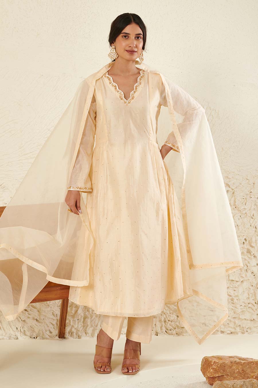 Ivory Embroidered Pleated Kurta Set