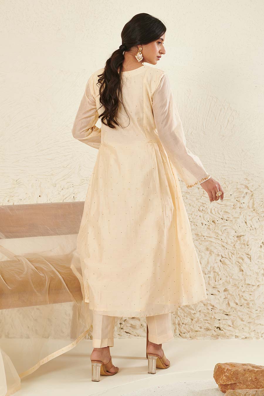 Ivory Embroidered Pleated Kurta Set