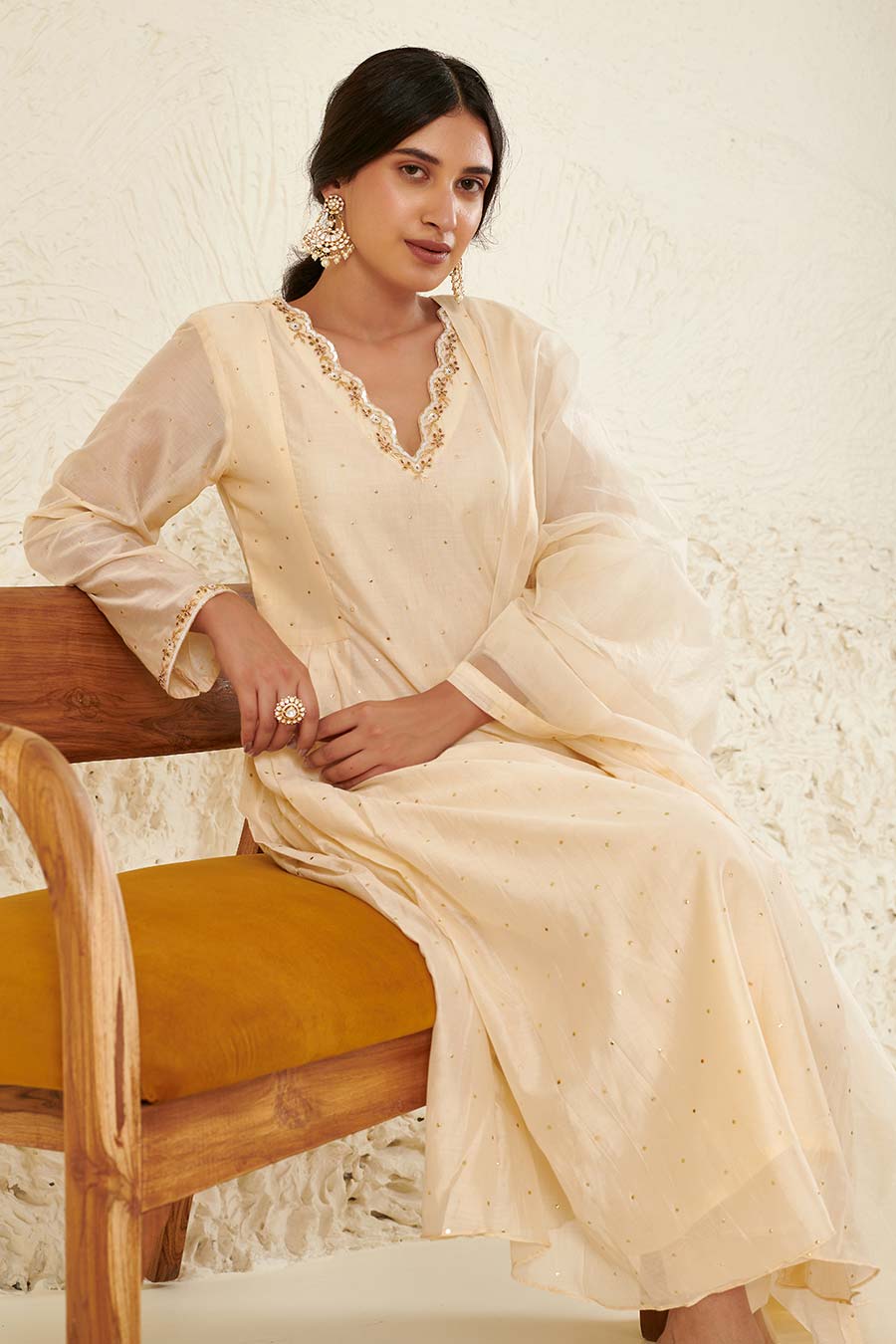 Ivory Embroidered Pleated Kurta Set