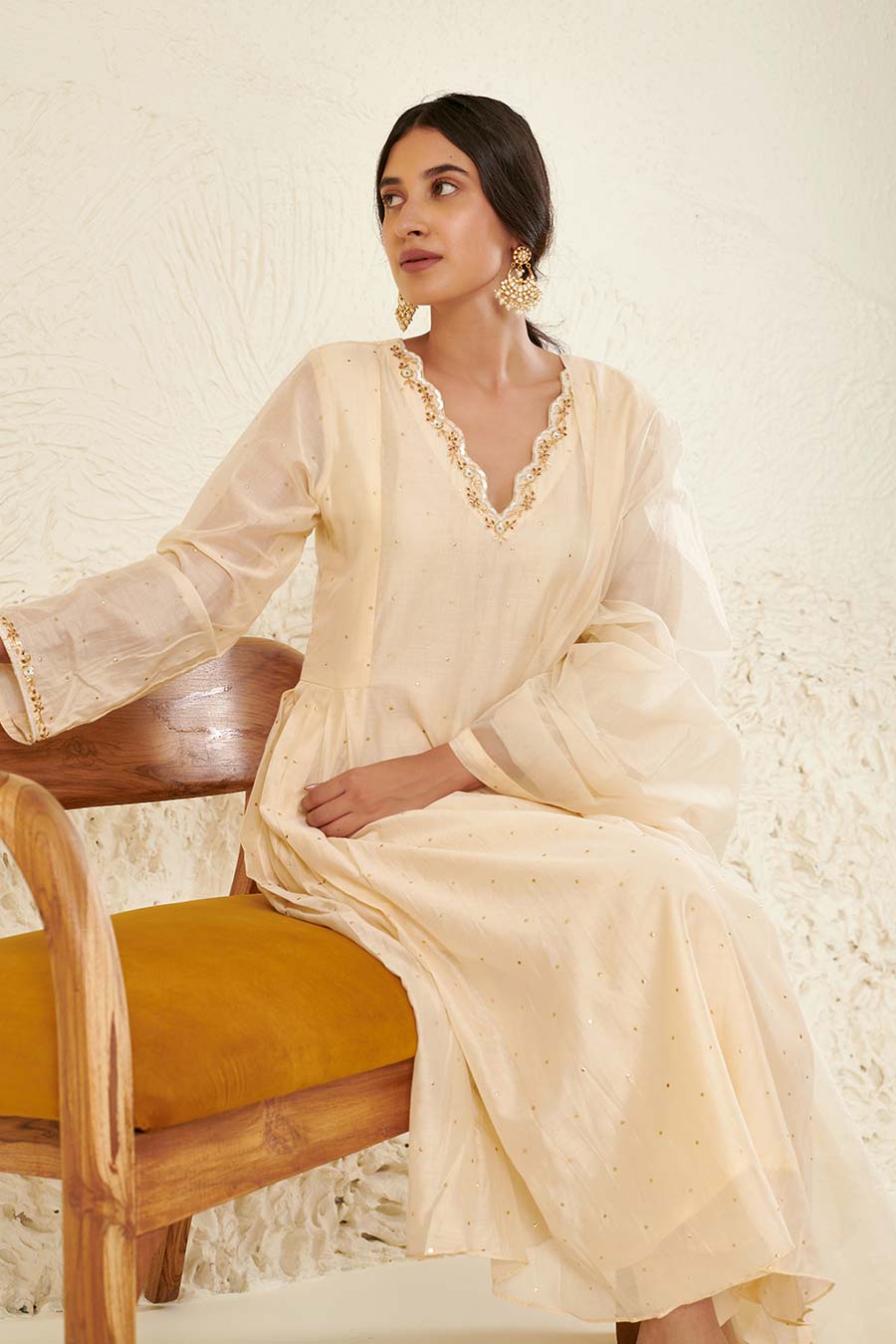 Ivory Embroidered Pleated Kurta Set