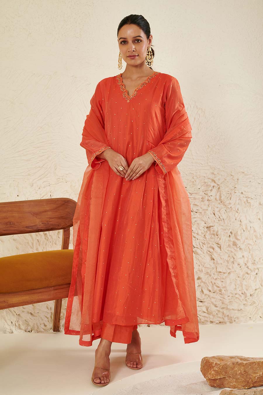 Orange Embroidered Pleated Kurta Set