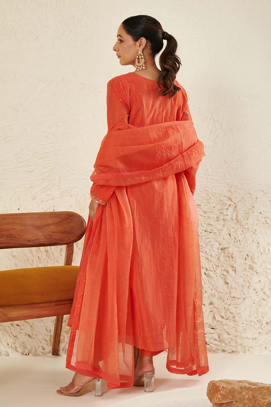 Orange Embroidered Pleated Kurta Set