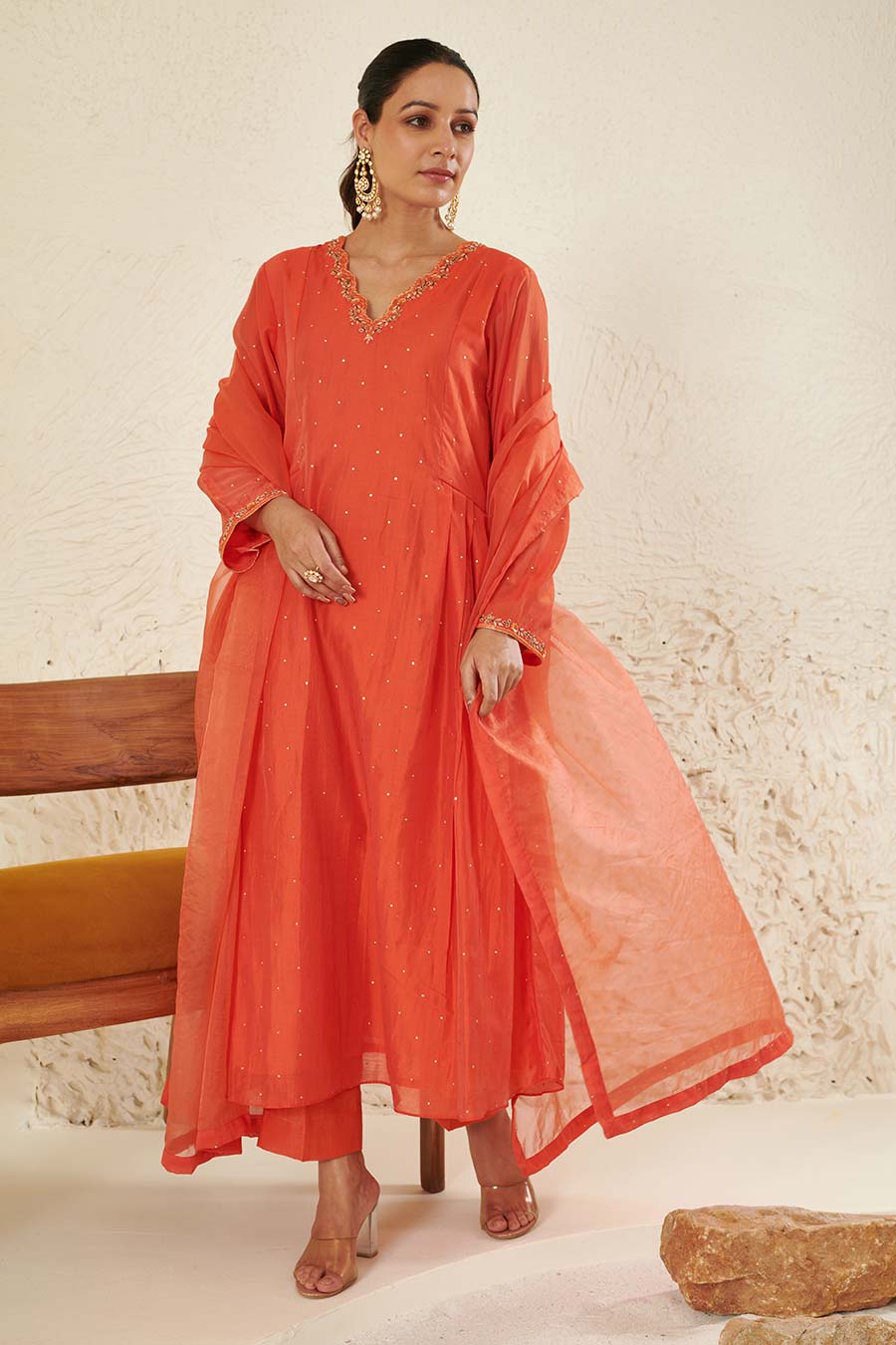 Orange Embroidered Pleated Kurta Set