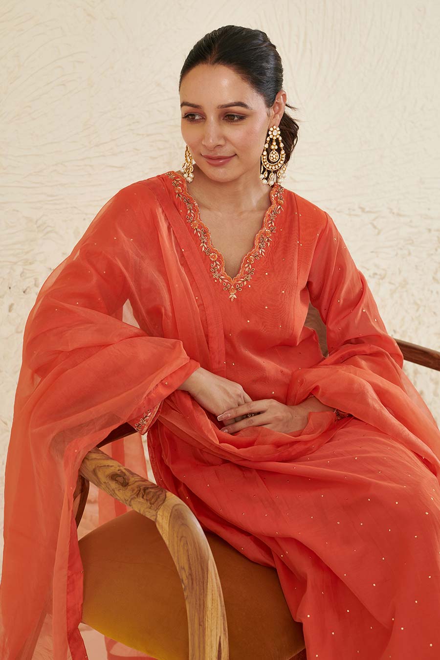Orange Embroidered Pleated Kurta Set