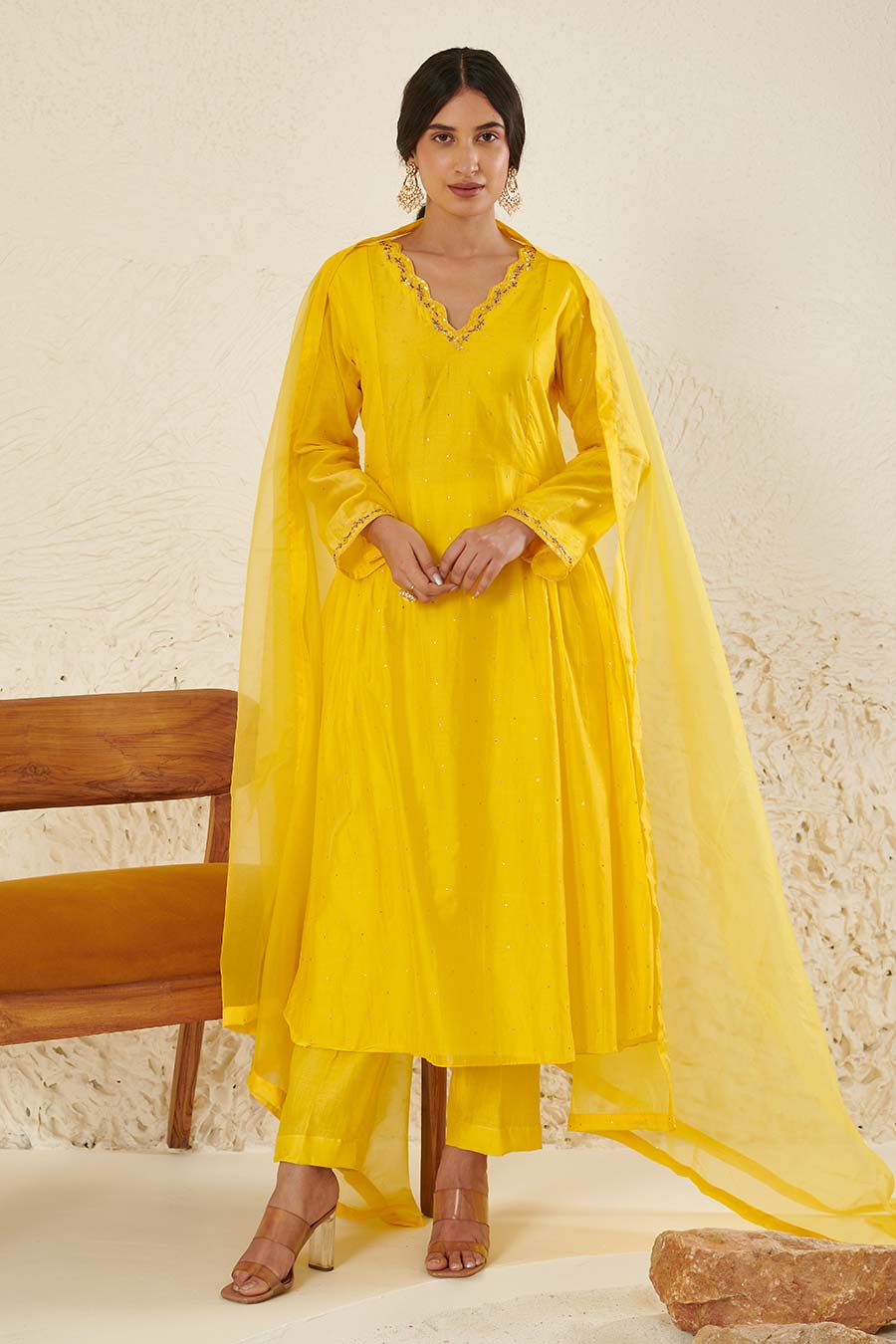 Yellow Embroidered Pleated Kurta Set