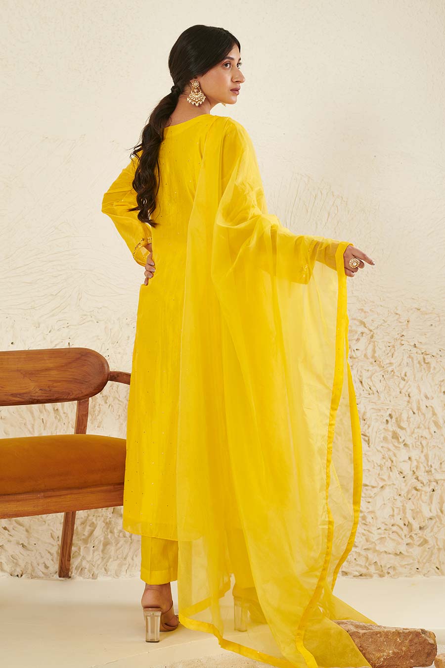 Yellow Embroidered Pleated Kurta Set