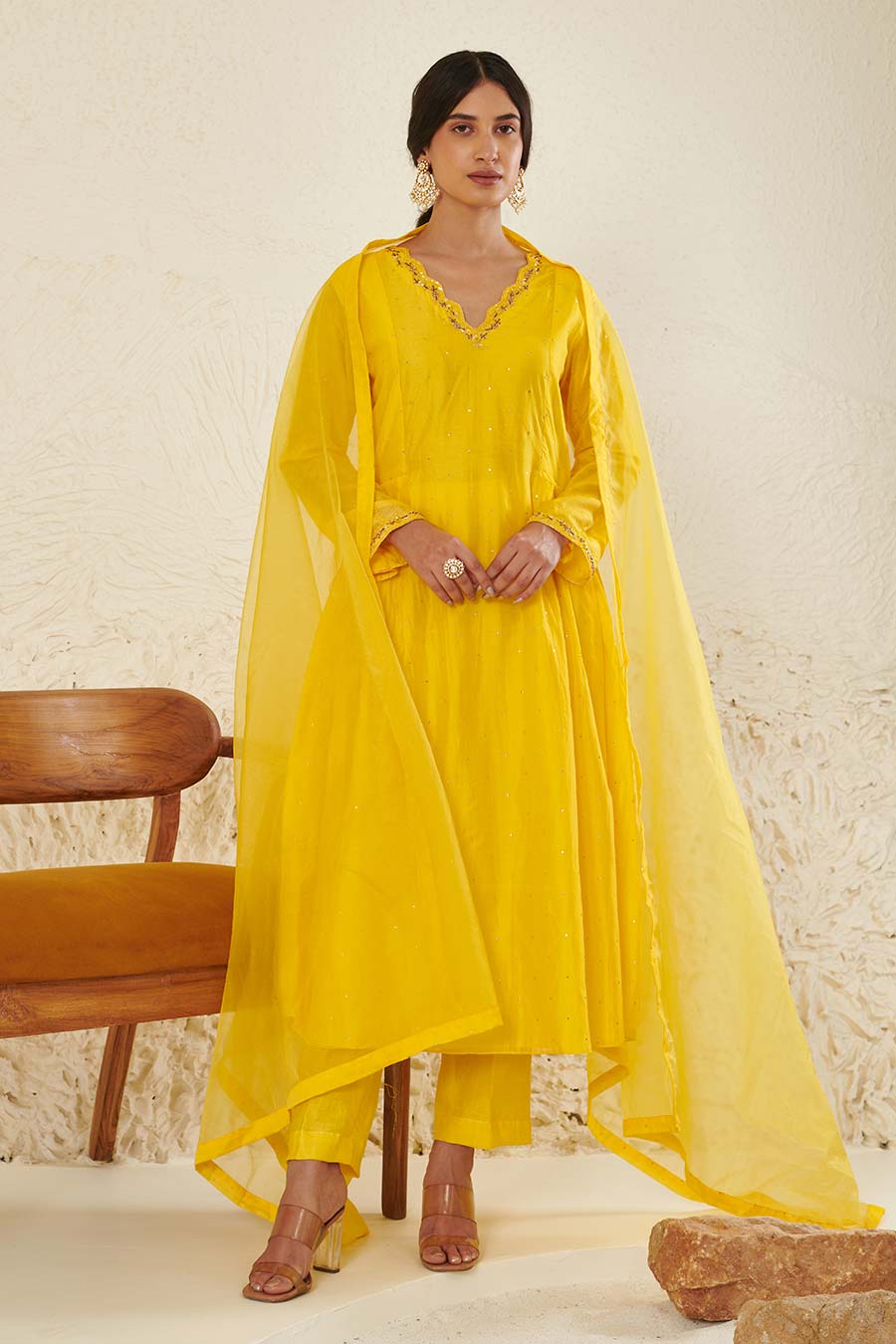 Yellow Embroidered Pleated Kurta Set