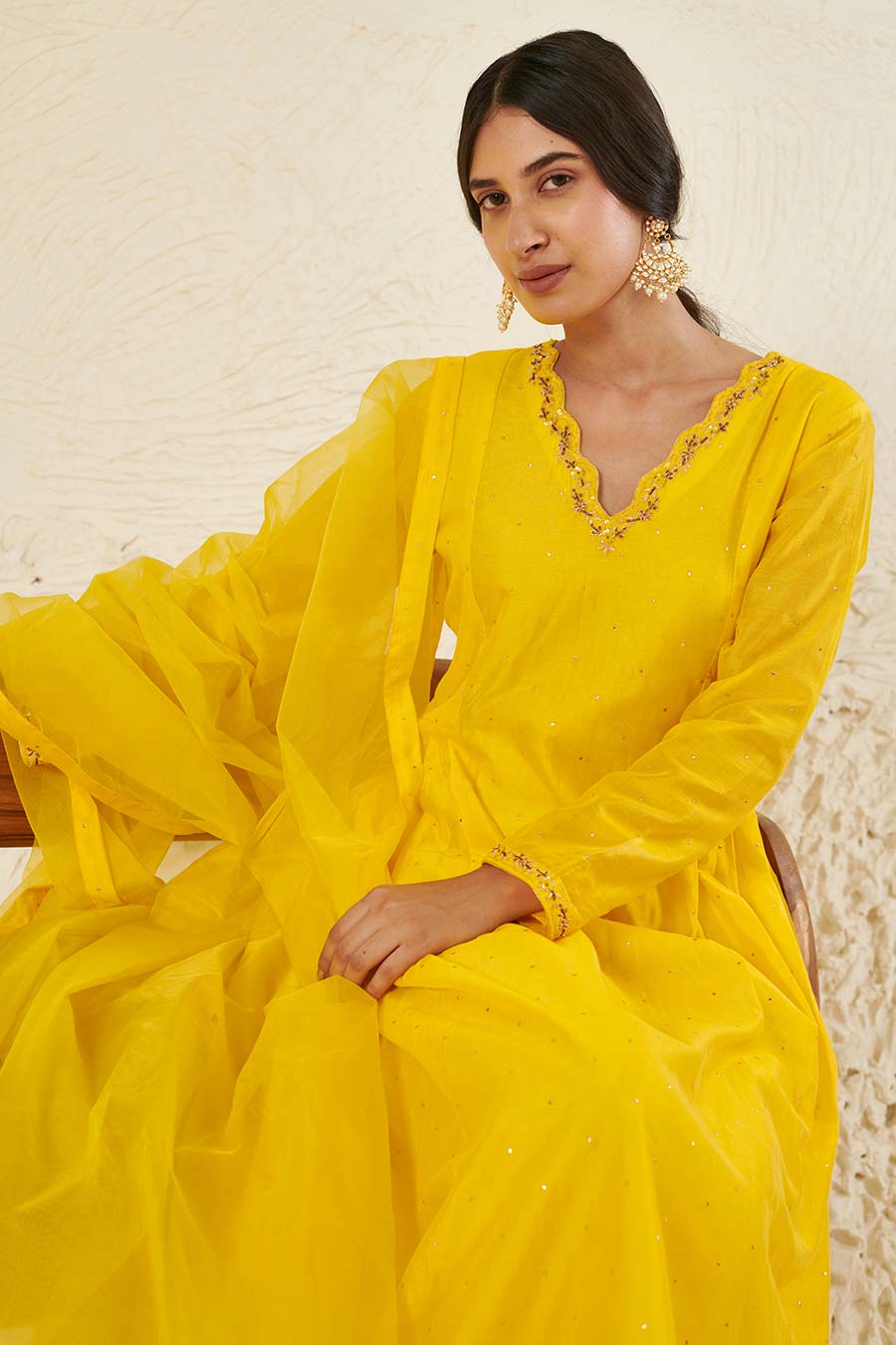 Yellow Embroidered Pleated Kurta Set