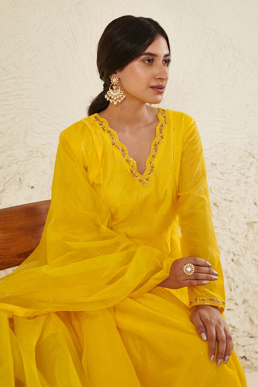 Yellow Embroidered Pleated Kurta Set